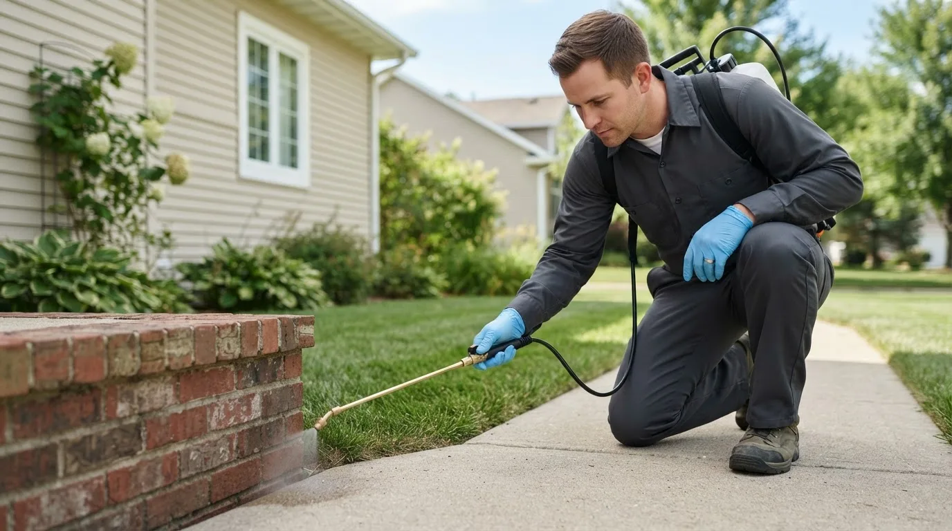 Pest control technician treating a home near Steep Falls, ME